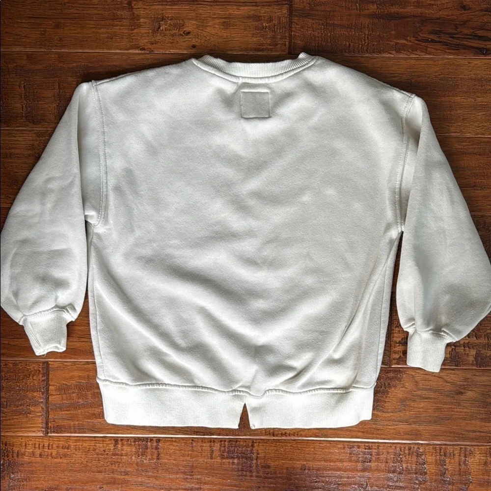 Zara Barbie Kids White Graphic Sweater with gold sequins, size 8 girls